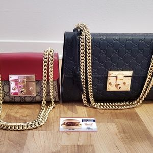 Black crossbody handbag with gold chain